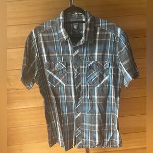 Kuhl Blue and Gray Plaid Casual Button Up Shirt Short Sleeve Large